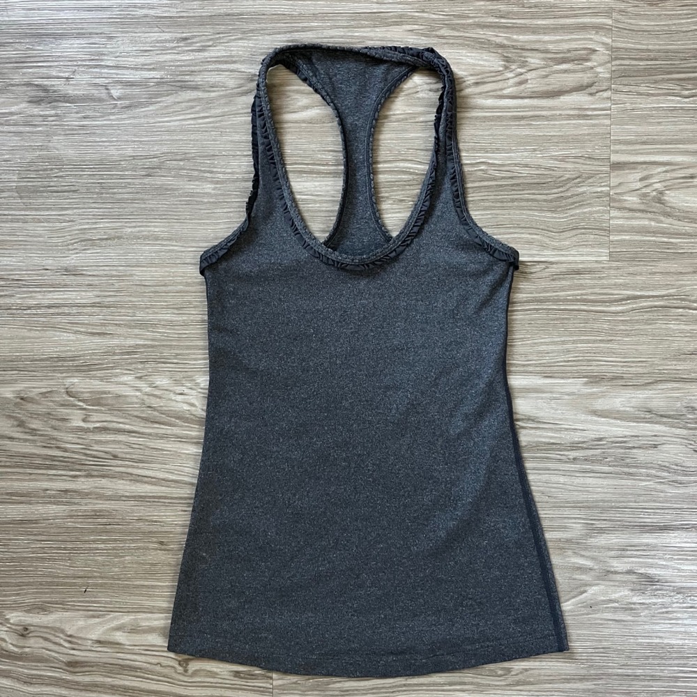 Lululemon Ruffle Racerback Tank Top Grey Heathered Athletic Yoga Gym Slim Fit